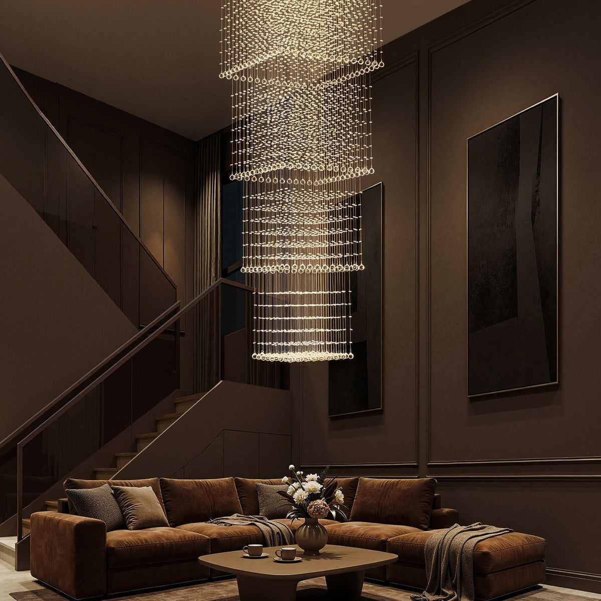 Kristallen hanglamp vierkant chroom raindrop design kroonluchter langwerpig K9 staal modern voor traphal | Sulvida