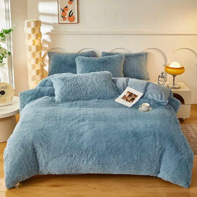Plüsch-Fleece-Bettwäsche-Set, winterwarm, Teddy, 3-4-teilig, mit Bezug, Laken und Kissenbezügen | Sulvida