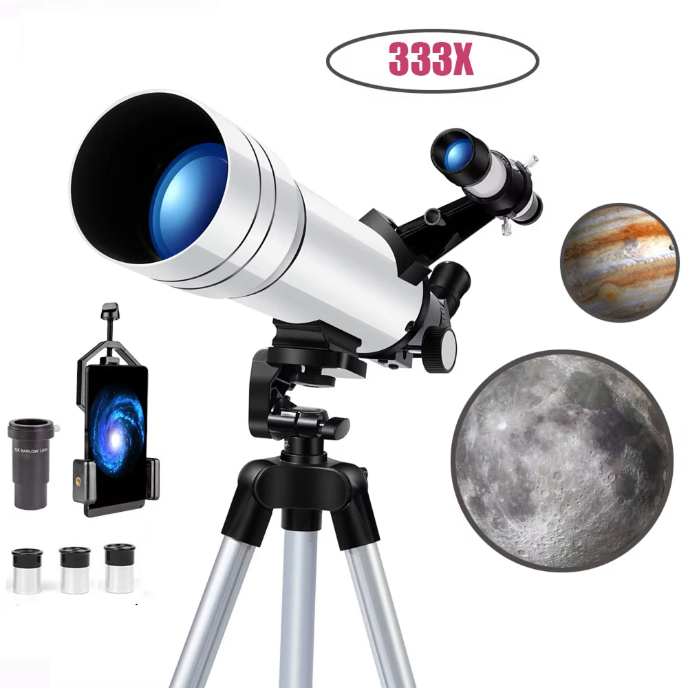 Télescope pour enfants, ouverture de 70mm, focale de 400mm, lentille de Barlow 5× et trépied réglable, télescope d’observation des étoiles | Sulvida