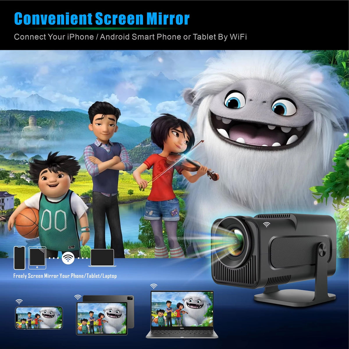Projecteur d’extérieur compact, 300 lumens ANSI, Full HD 1080p, Android 11, sans fil, 150 pouces, portable | Sulvida
