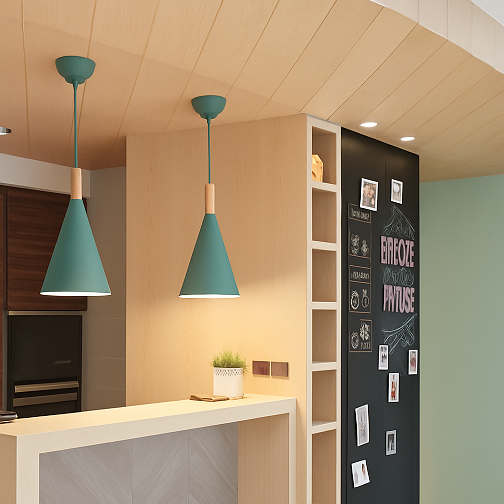 Hanglamp conisch metaal en hout eetkamer keuken woonkamer gekleurde kap modern design sfeerverlichting | Sulvida