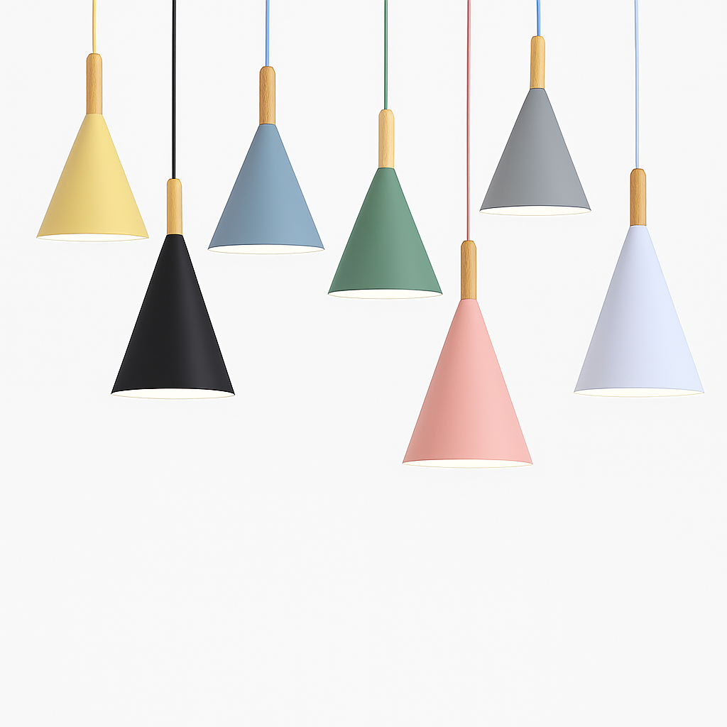 Hanglamp conisch metaal en hout eetkamer keuken woonkamer gekleurde kap modern design sfeerverlichting | Sulvida