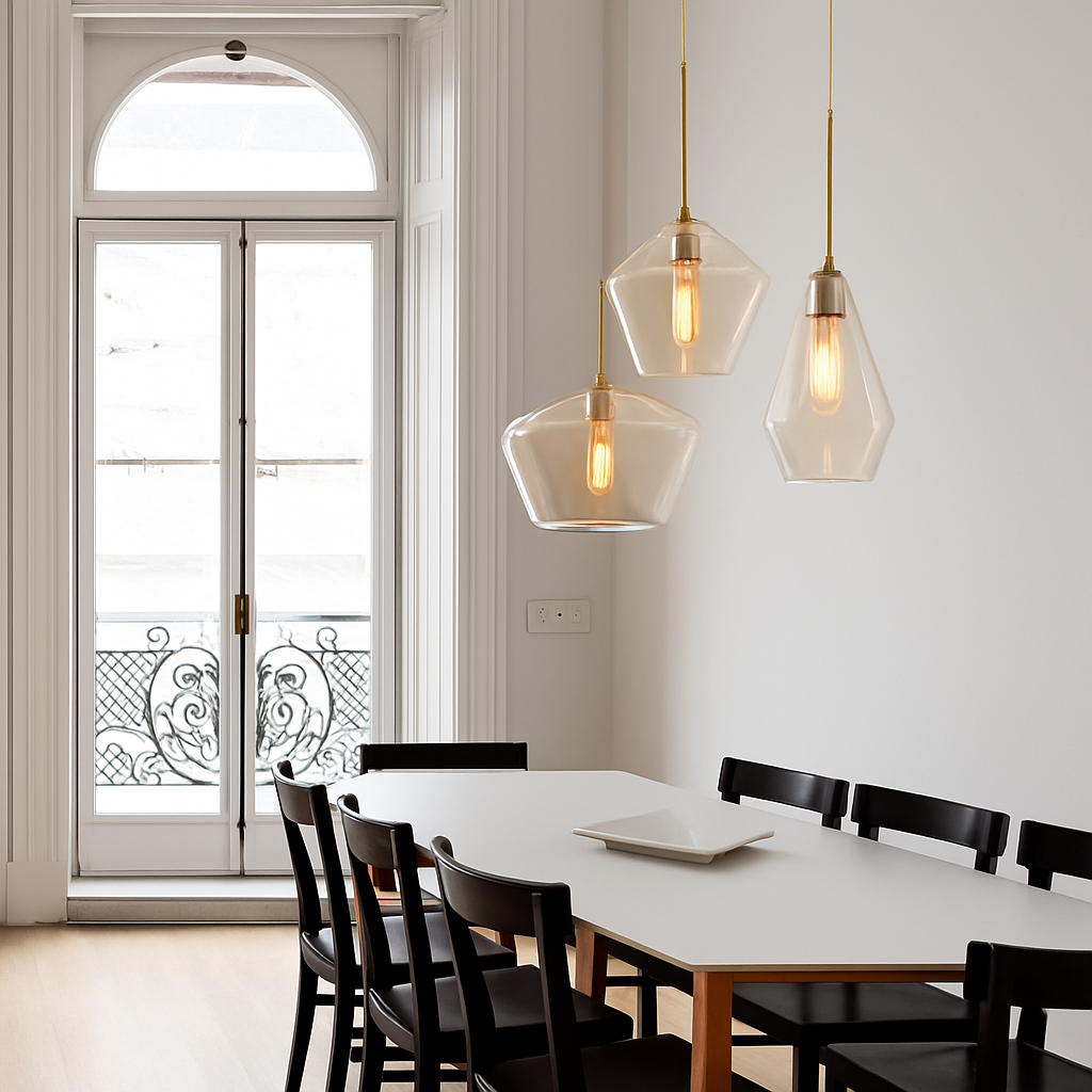 Glazen hanglamp met metaal transparant of amber moderne sfeerverlichting voor eetkamer woonkamer en keuken | Sulvida