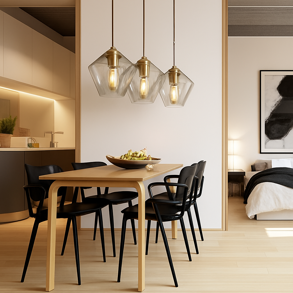 Glazen hanglamp met metaal transparant of amber moderne sfeerverlichting voor eetkamer woonkamer en keuken | Sulvida