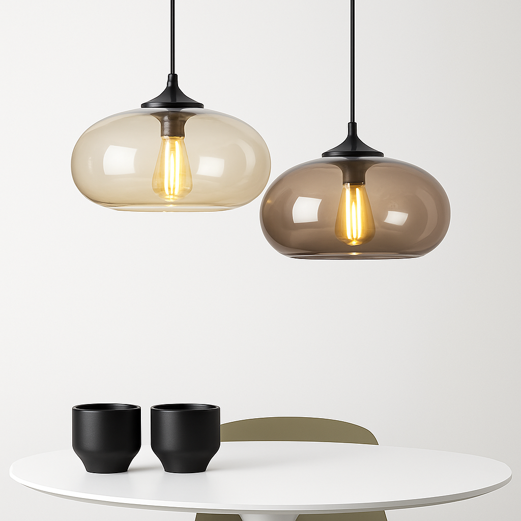 Glazen Hanglamp Ovaal met Dubbele Bol Transparant Blauw Amber Design Verlichting Eetkamer Keuken Slaapkamer | Sulvida