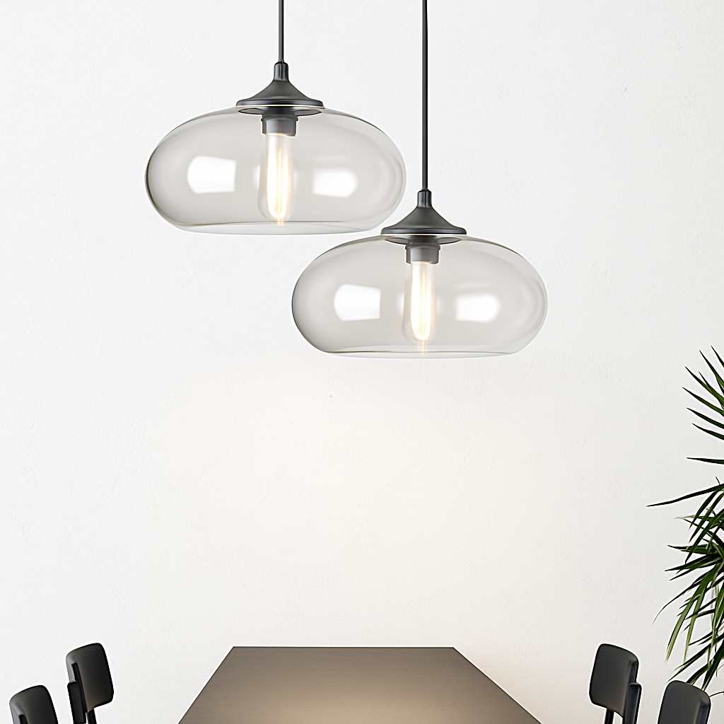 Glazen Hanglamp Ovaal met Dubbele Bol Transparant Blauw Amber Design Verlichting Eetkamer Keuken Slaapkamer | Sulvida