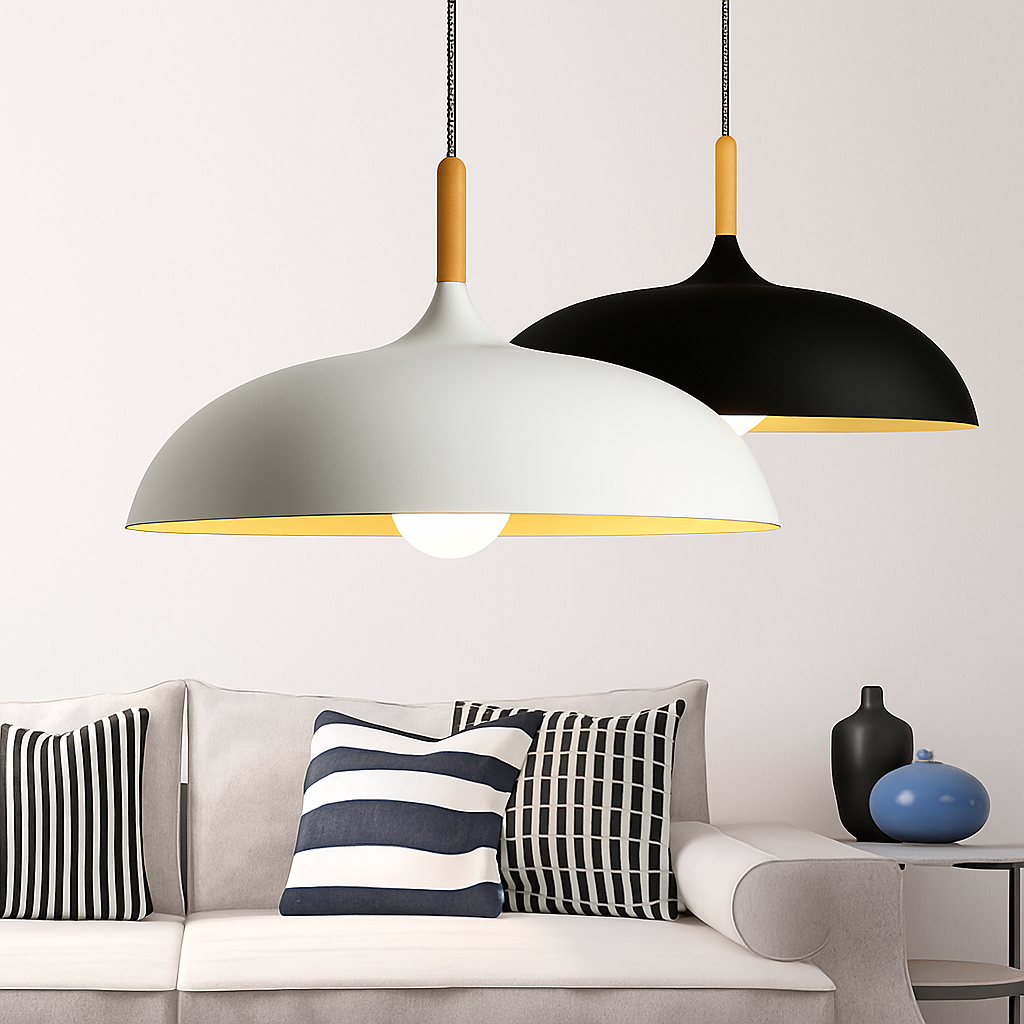 Hanglamp met houten stang en aluminium kap 35-60 cm E27 modern design verlichting eetkamer woonkamer | Sulvida