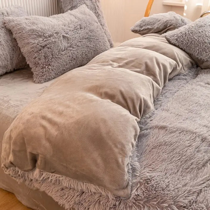 Plüsch-Fleece-Bettwäsche-Set, winterwarm, Teddy, 3-4-teilig, mit Bezug, Laken und Kissenbezügen | Sulvida