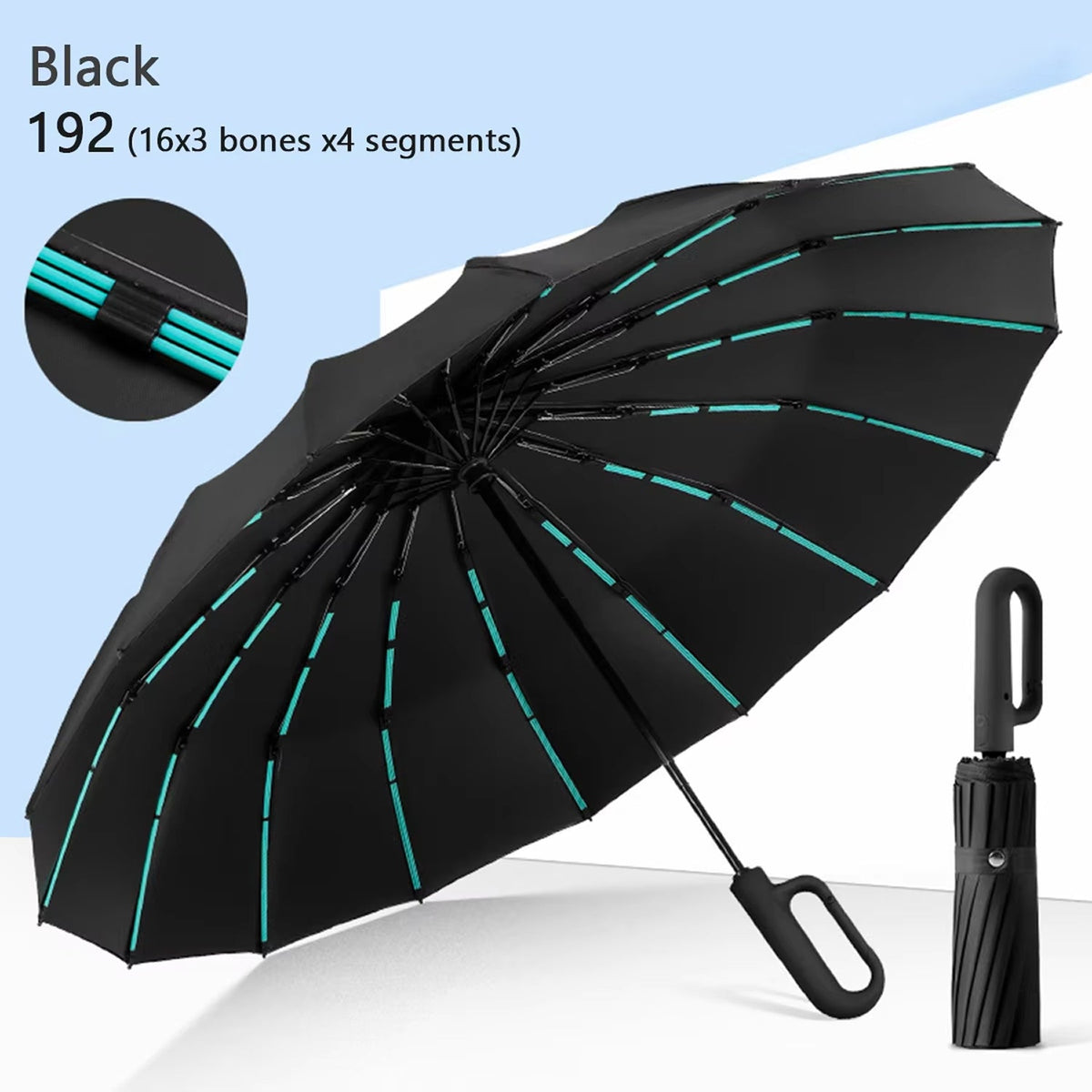 Parapluie anti-tempête 192 baleines avec armature renforcée, ouverture automatique et résistance au vent, diamètre de 120 cm | Sulvida
