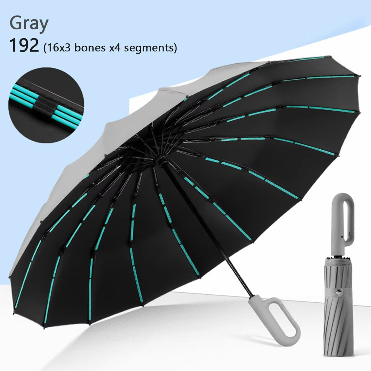 Parapluie anti-tempête 192 baleines avec armature renforcée, ouverture automatique et résistance au vent, diamètre de 120 cm | Sulvida