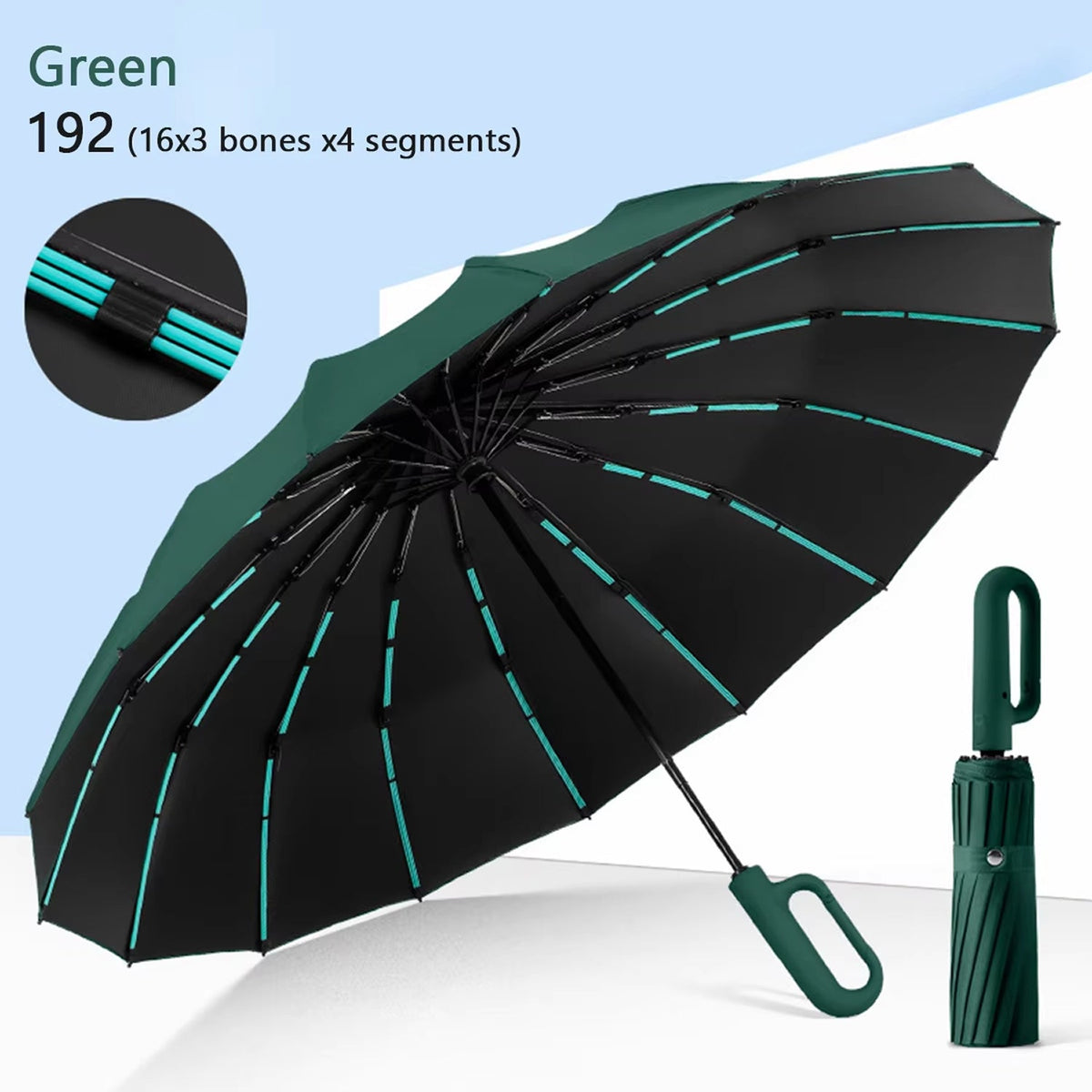 Parapluie anti-tempête 192 baleines avec armature renforcée, ouverture automatique et résistance au vent, diamètre de 120 cm | Sulvida