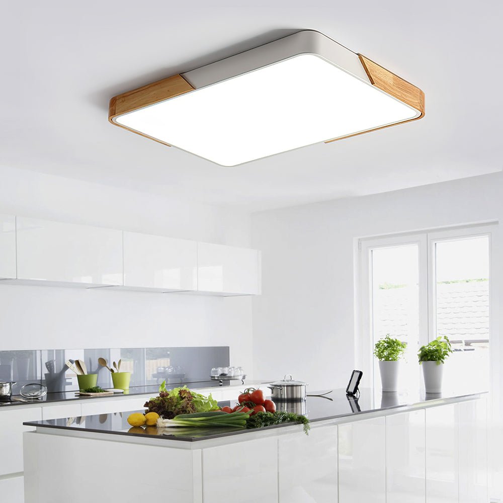 Plafonnier LED moderne rectangulaire en bois et acrylique, à intensité et température de couleur réglables, 3000K-6000K, cuisine, salon, chambre | Sulvida