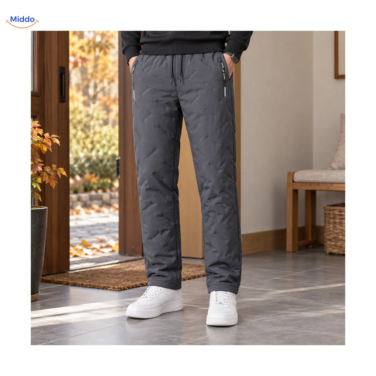 Gevoerde Winterbroek Heren Zwart Grijs Teddy Voering Rechte Pijpen Ribboord Elastische Taille Comfortabel M-7XL | Sulvida