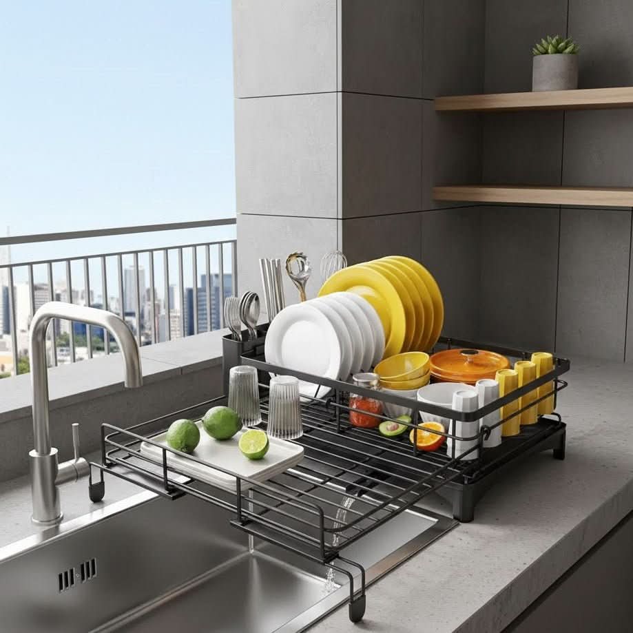 Égouttoir avec bac récupérateur pour cuisine, rangement pour vaisselle, organisateur d’évier, porte-couverts pour une cuisine toujours propre | Sulvida