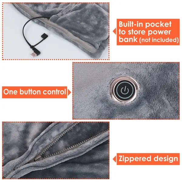 USB Verwarmde Draagbare Deken met Rits 8 Verwarmingszones Fleece 150x80cm Omslagdoek Schouders Rug Warmte | Sulvida