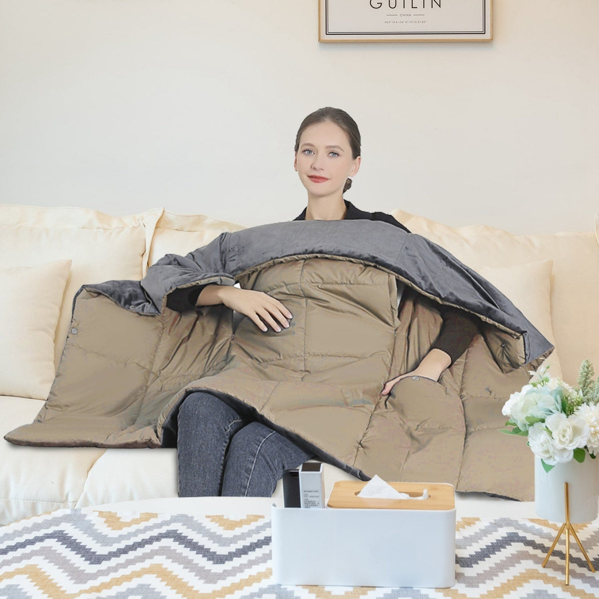 USB Verwarmde Deken met Ritsarmsgaten en 6 Verwarmingszones Draagbaar Fleece Plaid Thuiswerken Outdoor | Sulvida