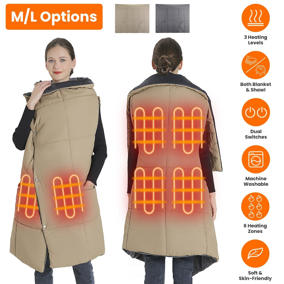 USB Verwarmde Deken met Ritsarmsgaten en 6 Verwarmingszones Draagbaar Fleece Plaid Thuiswerken Outdoor | Sulvida