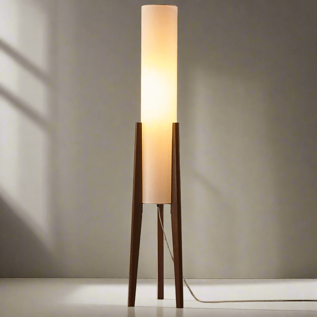 Notenhout vloerlamp met stoffen kap messing details scandinavisch design sfeervolle staande lamp woonkamer | Sulvida