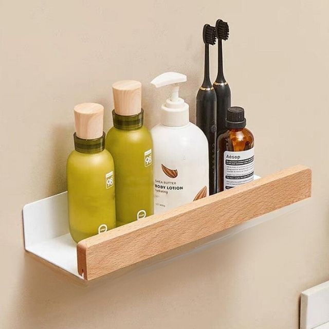 Houten Wandplank Vochtbestendig met Zelfklevende Montage – Natuurlijk Massief Hout Badkamer Toilet 30 cm | Sulvida