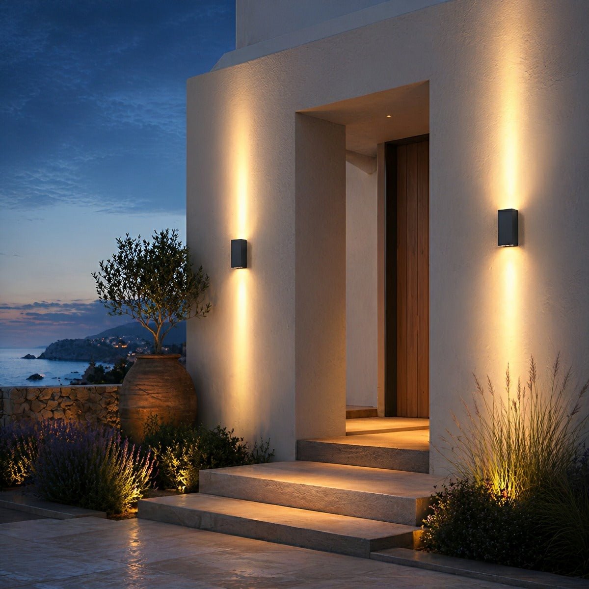 LED-Außenwandleuchte, wasserfest, schwarzes Aluminium und Glas, 3000K warmweißes Licht, IP65-Außenbeleuchtung für Garten, Villa, Terrasse und Veranda | Sulvida