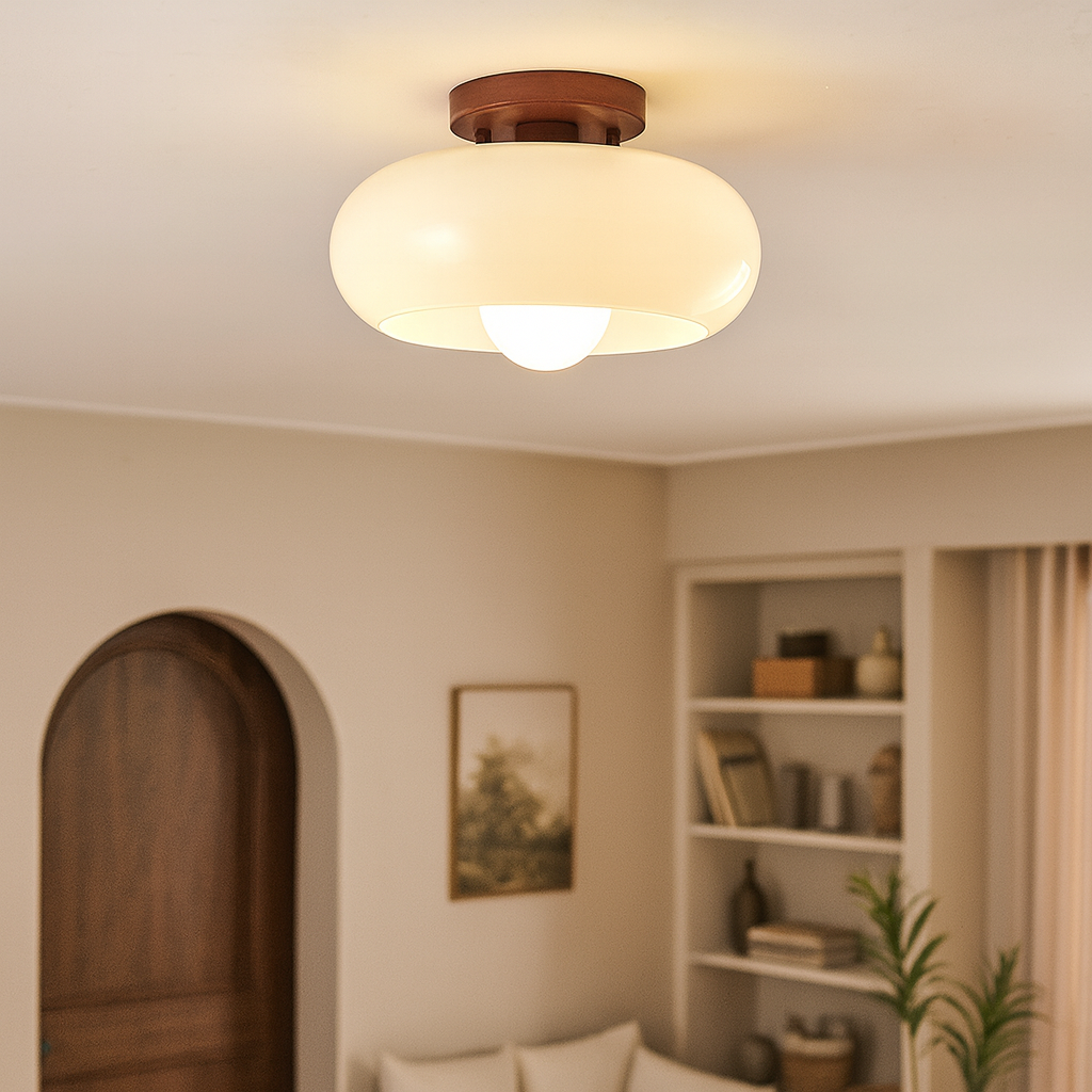 Plafondlamp Opaal Glas met Hout – Warm Licht E27 Ø20-28cm Bauhaus Design Scandinavisch Woonkamer Hal Slaapkamer | Sulvida
