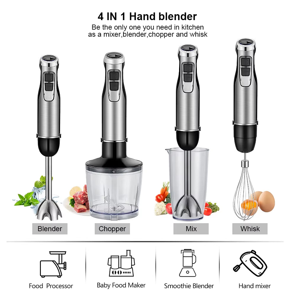 Mixeur plongeant professionnel 1200W, kit 4-en-1 avec blender, hachoir, fouet et gobelet à smoothie, noir, mixeur de cuisine - Sulvida