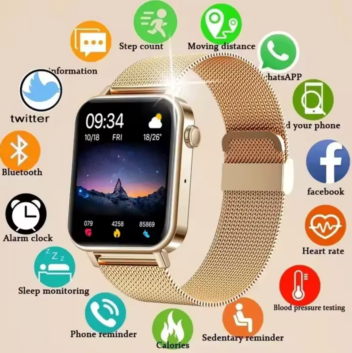 Elegante Fitness Smartwatch voor Dames met Gezondheidsfuncties Stappenteller Slaapmonitor Hartslagmeter | Sulvida