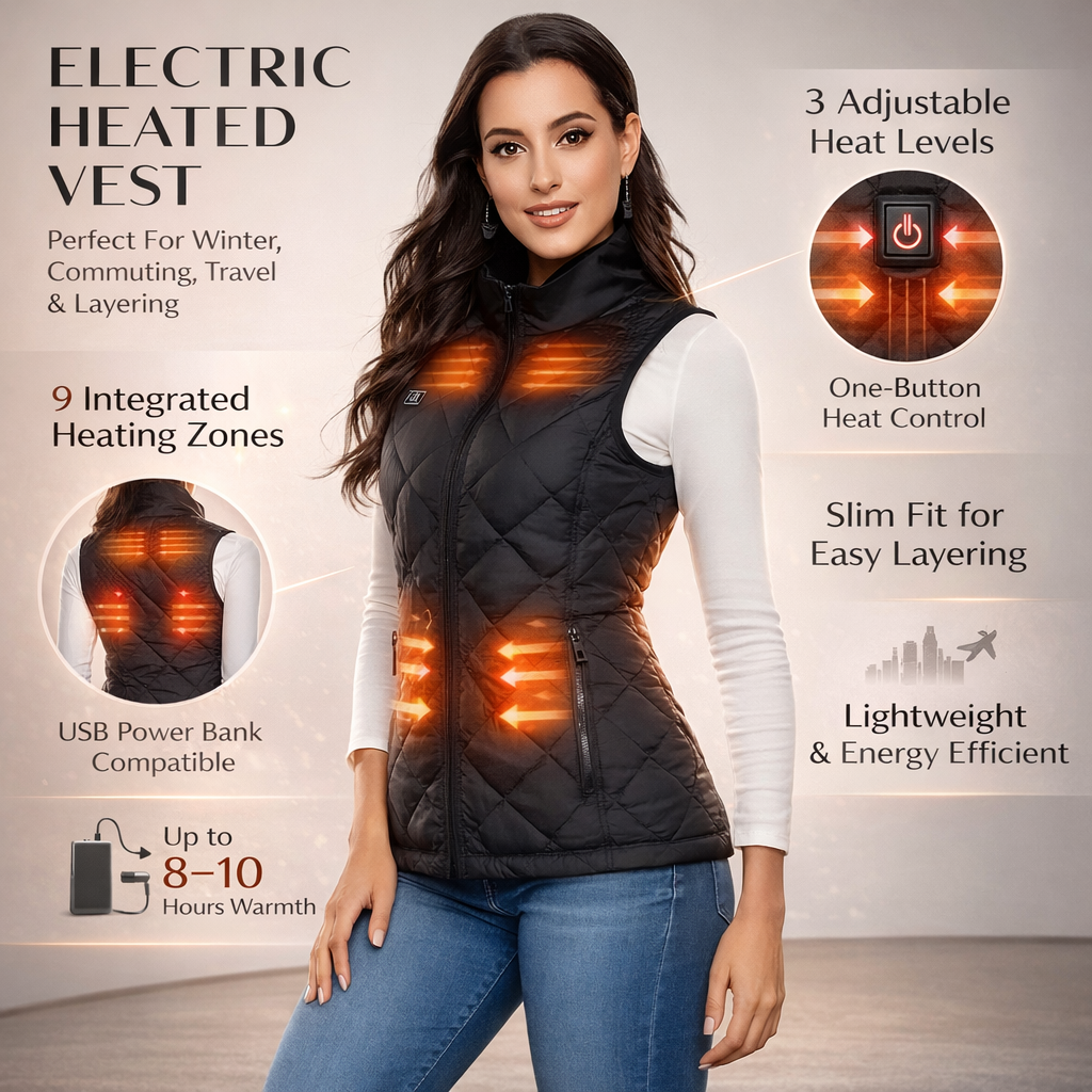 Gewatteerd elektrisch verwarmingsvest voor dames met opstaande kraag thermisch verwarmd lichtvest bodywarmer | Sulvida