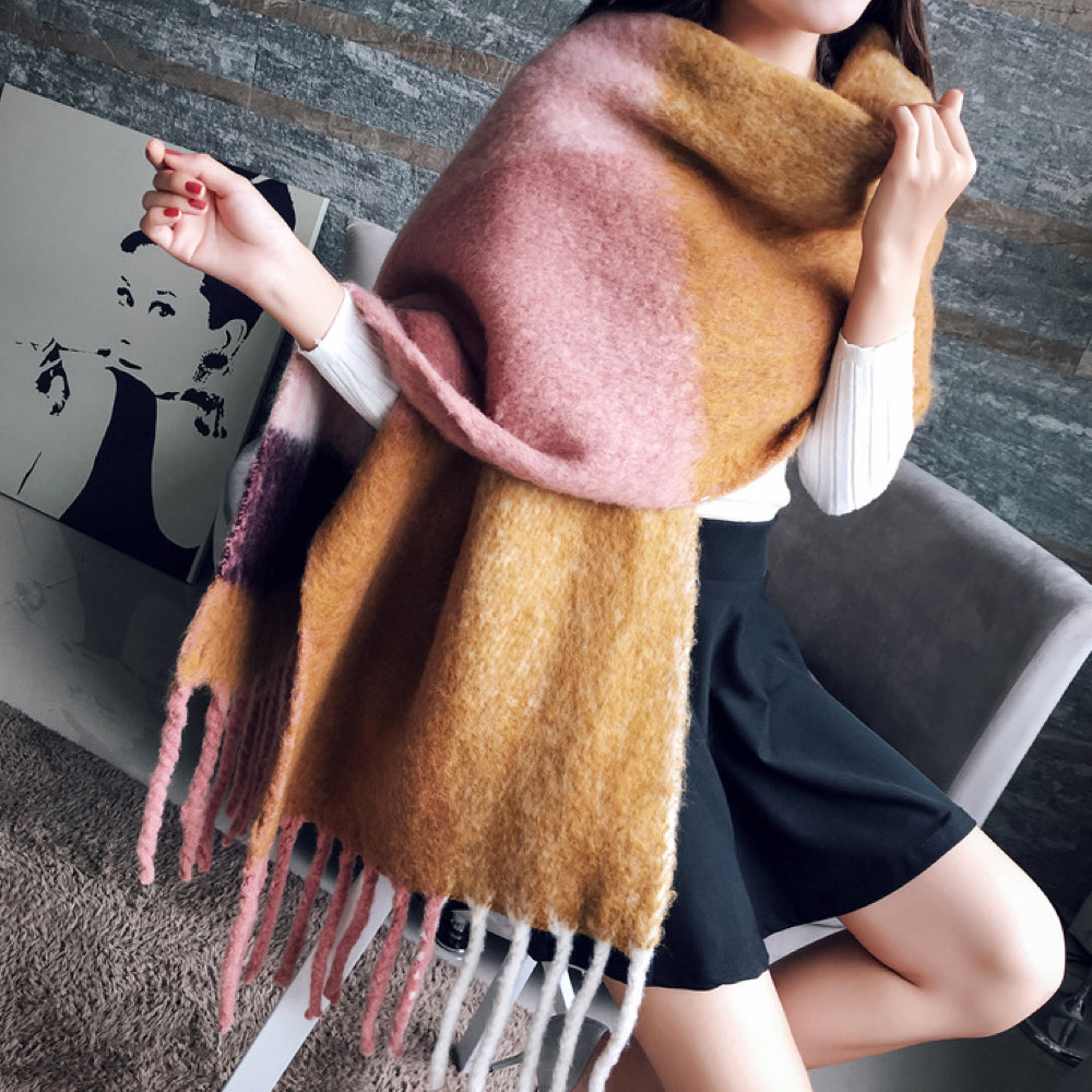 Écharpe à carreaux avec franges beige/bleu marine gris/noir rose pâle/blanc, étole douce en cachemire, accessoire d’hiver de luxe | Sulvida