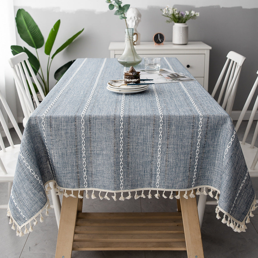 Katoenen Linnen Tafellaken Gestreept met Franjes 90x90-140x220 cm Stijlvol Tafeldecoratie Eettafel Diner | Sulvida