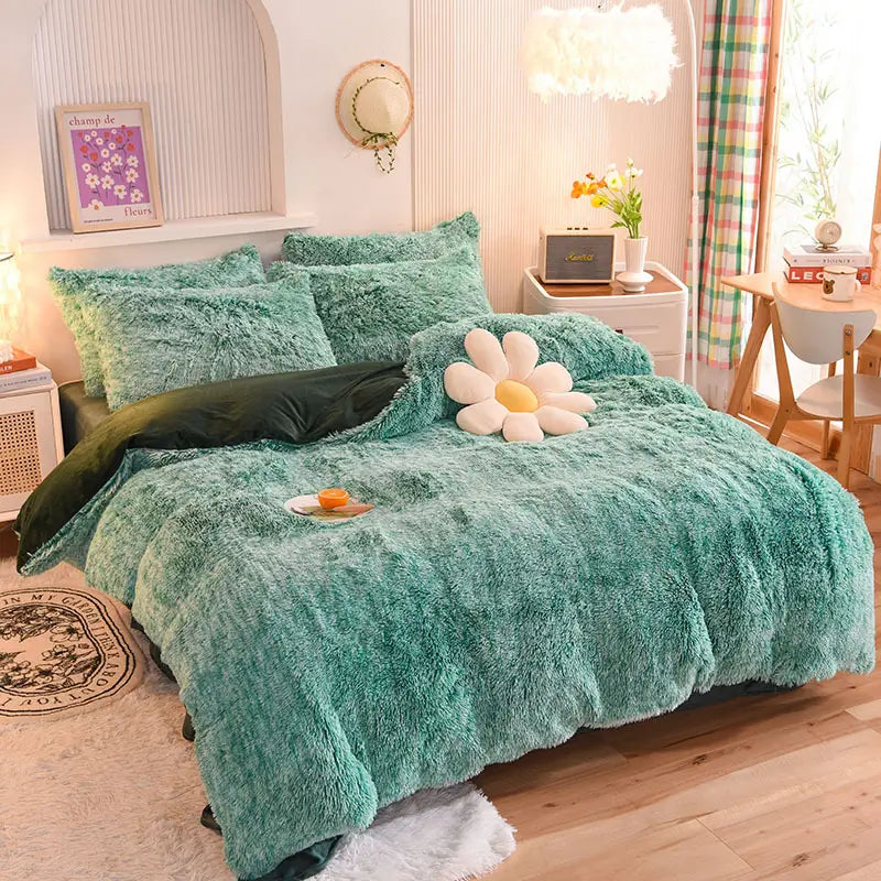Plüsch-Fleece-Bettwäsche-Set, winterwarm, Teddy, 3-4-teilig, mit Bezug, Laken und Kissenbezügen | Sulvida